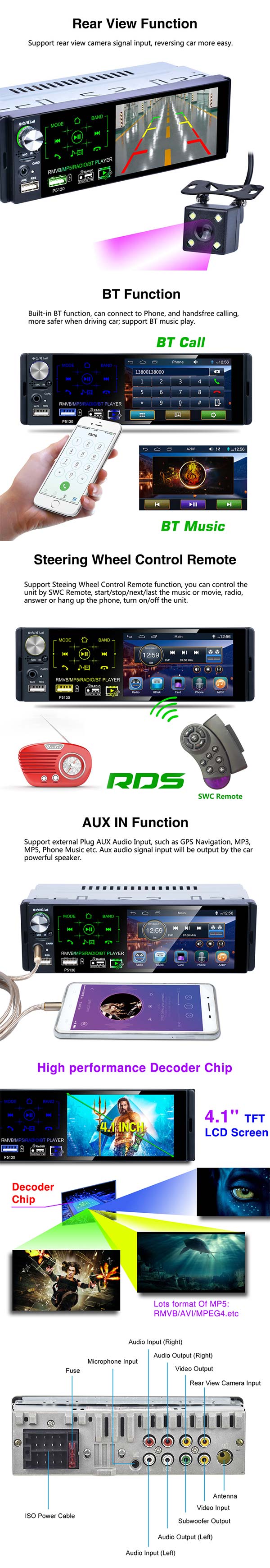 PODOFO 1 Din 4.1inch MP5 Car Multimedia Player Universial RDS Bluetooth Radio Reverse Camera-2
