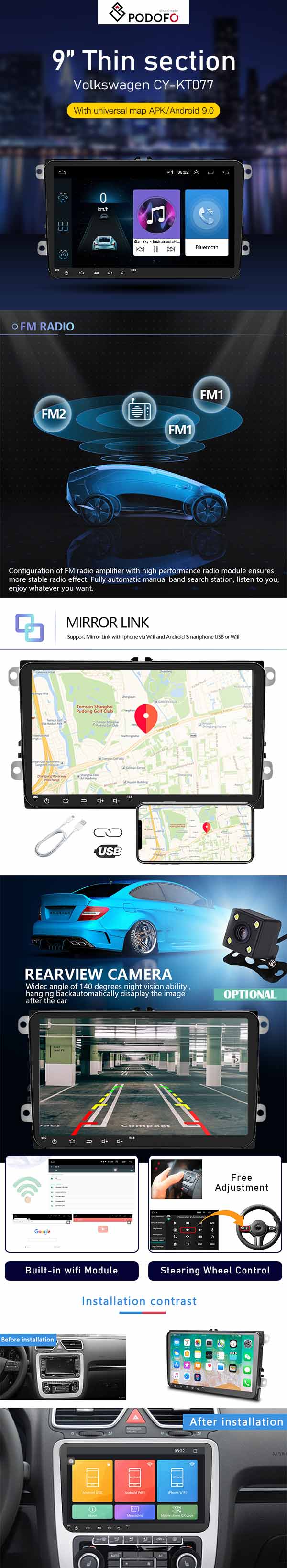 9 Zoll Bildschirm Android 9.1 Auto Stereo Auto MP5 Multimedia Player GPS Navigation WiFi BT FM Autoradio für VW Universal Luckdragon Android Autoradio für VW 