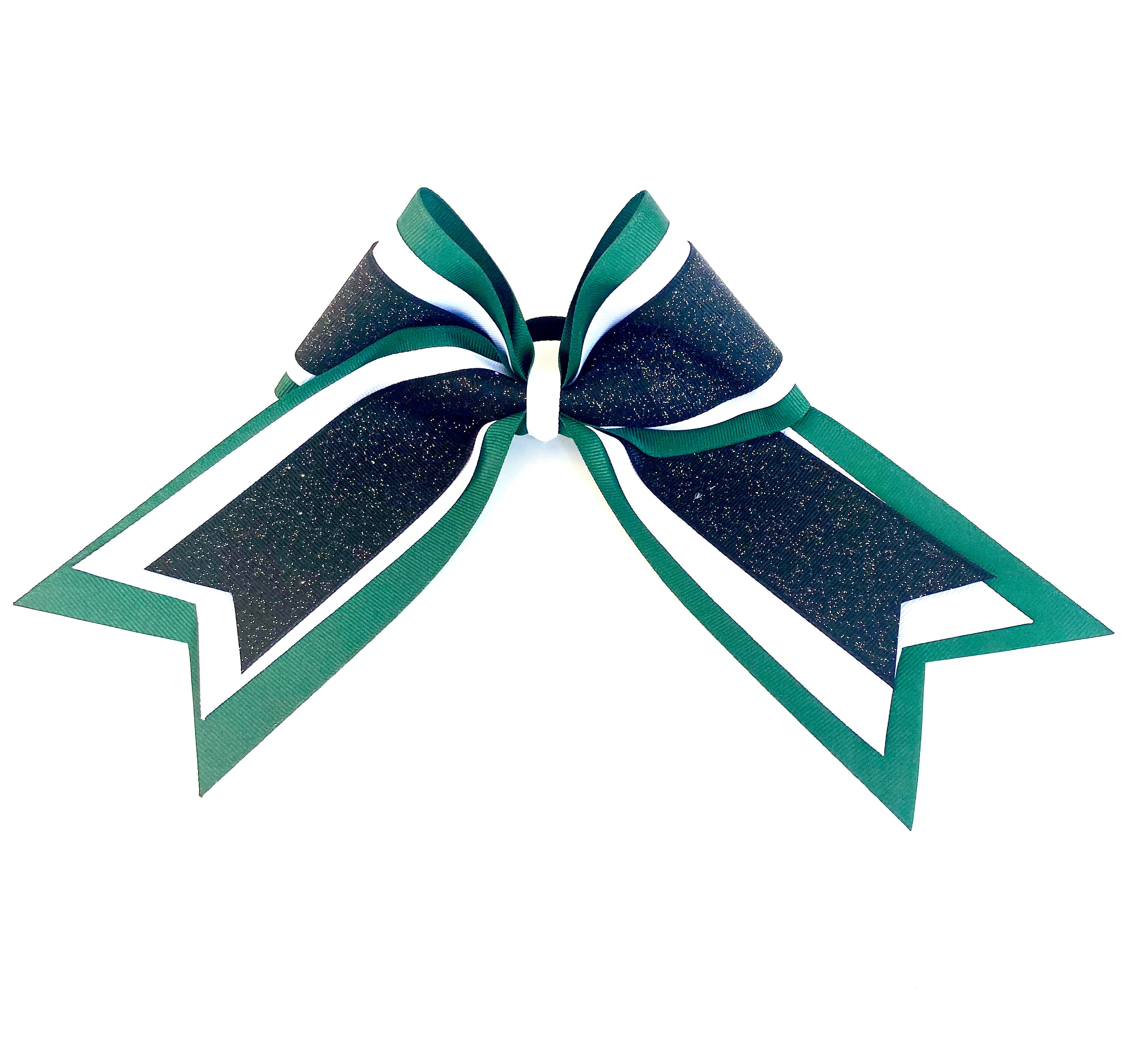 Elite Hair Bows: Triple Ribbon Layered Cheer Hair Bow - Forrest Green, White, Black Glitter