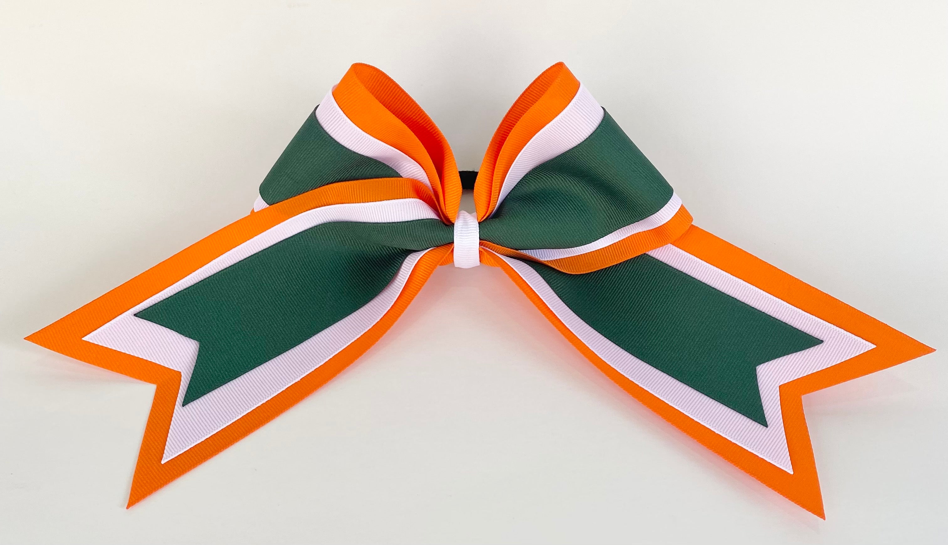 Elite Hair Bows: Triple Ribbon Layered Cheer Hair Bow - Orange, White, Forrest Green