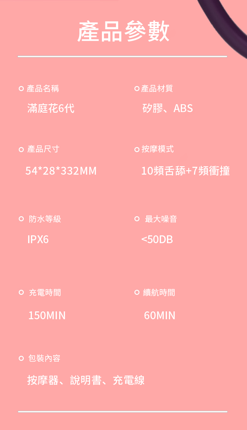 滿庭花六代舌舔雙頭按摩棒 產品參數