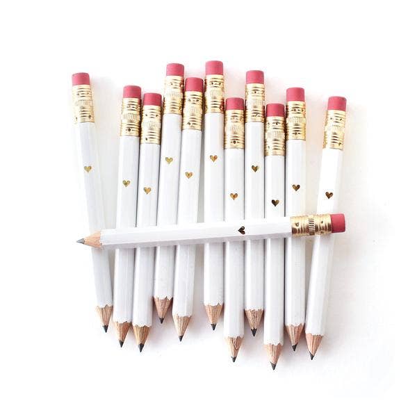 Mini Pencils - Gold Heart/White