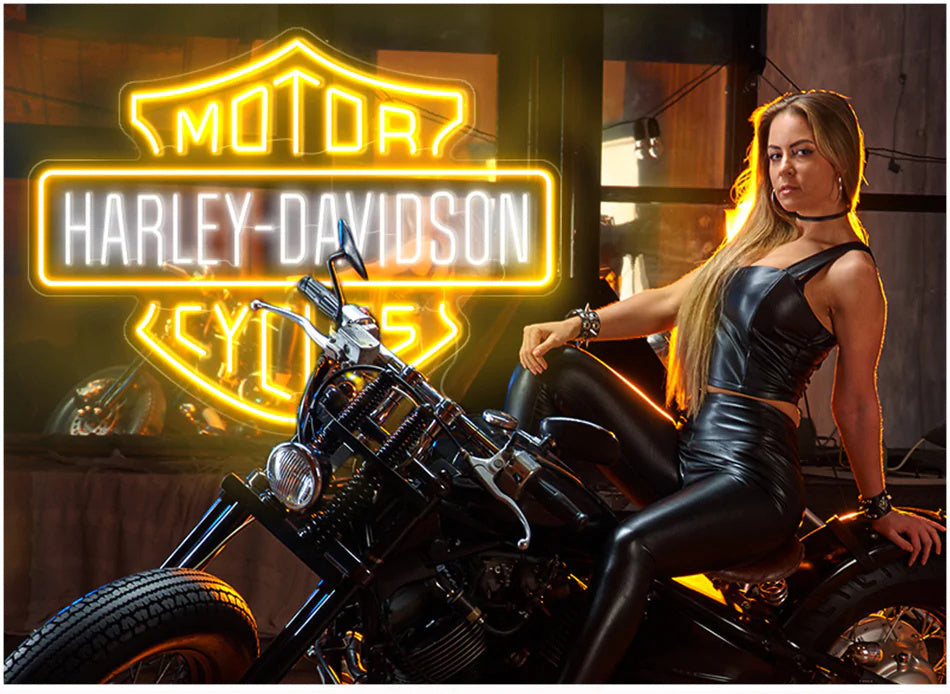 Harley Davidson Neon Sign in Golden Yellow and White