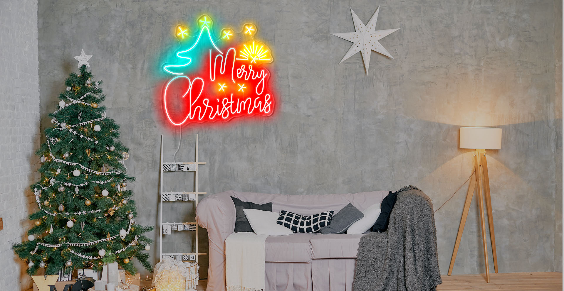 Merry Christmas tree&star neon art