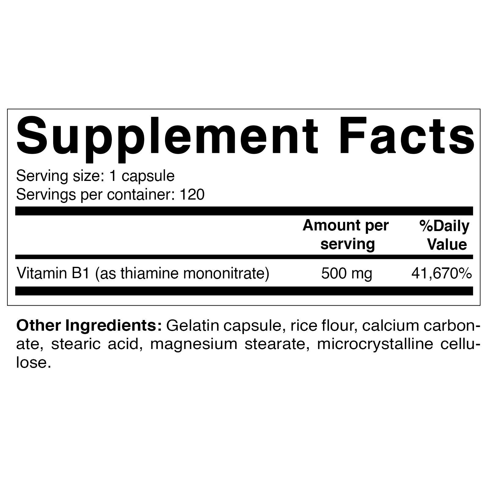 Vitamin B1 (Thiamine) 500mg, 120 Capsule