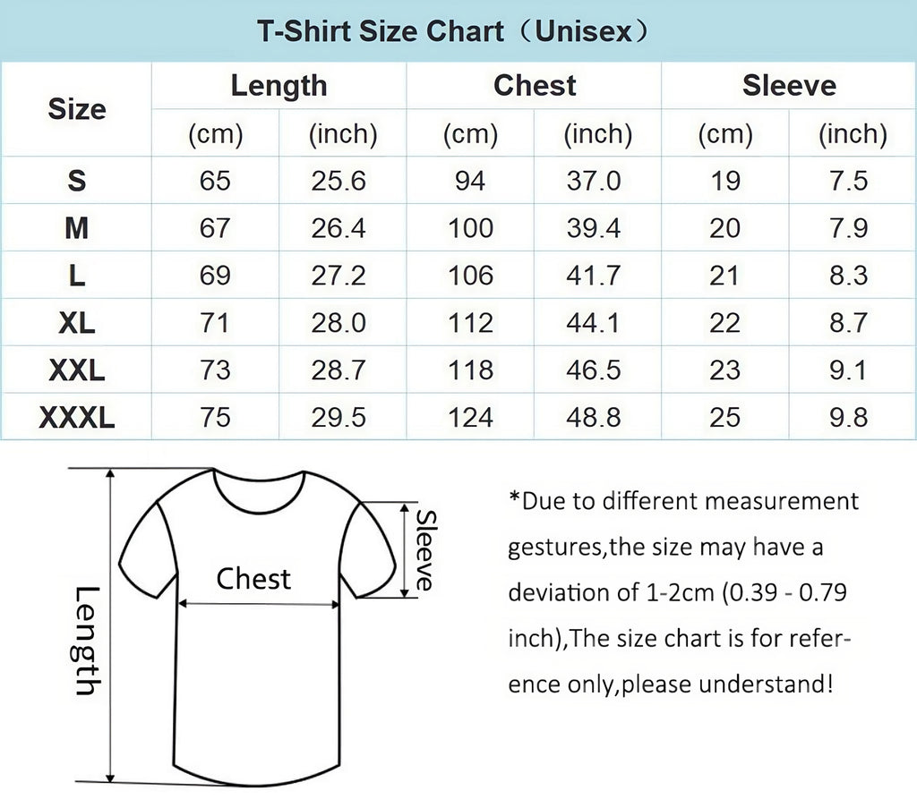Gcosplay t-shirt size guide