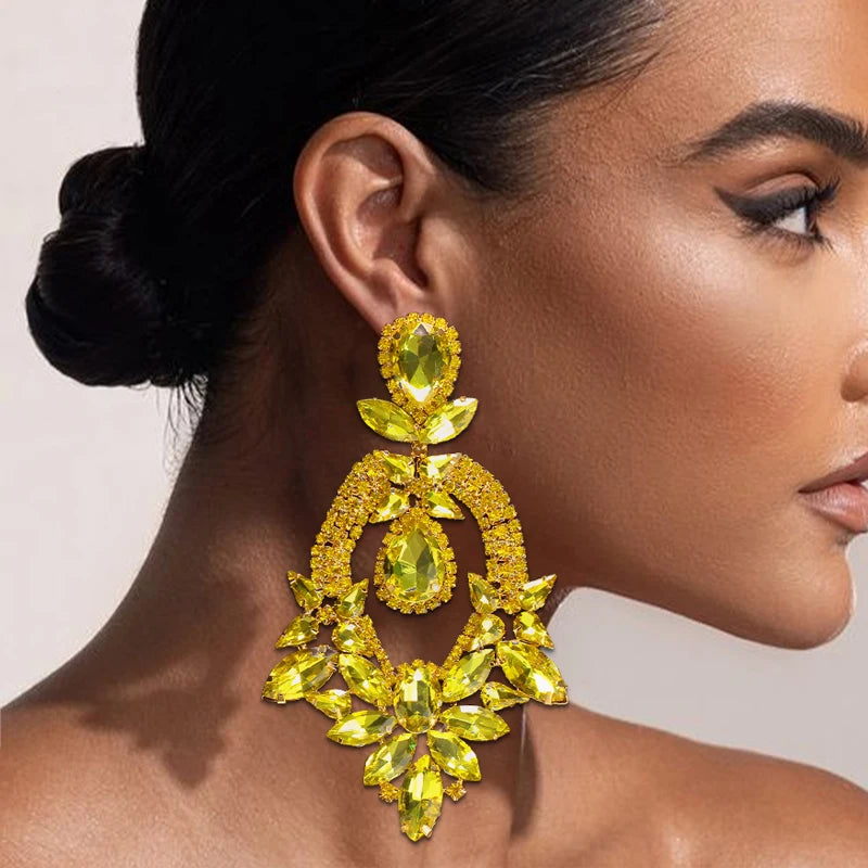 Exaggerated Yellow Rhinestone Big Size Earring for Women Fashion Crystal Drop Earrings Luxury Drag Queen Jewelry Accessories
