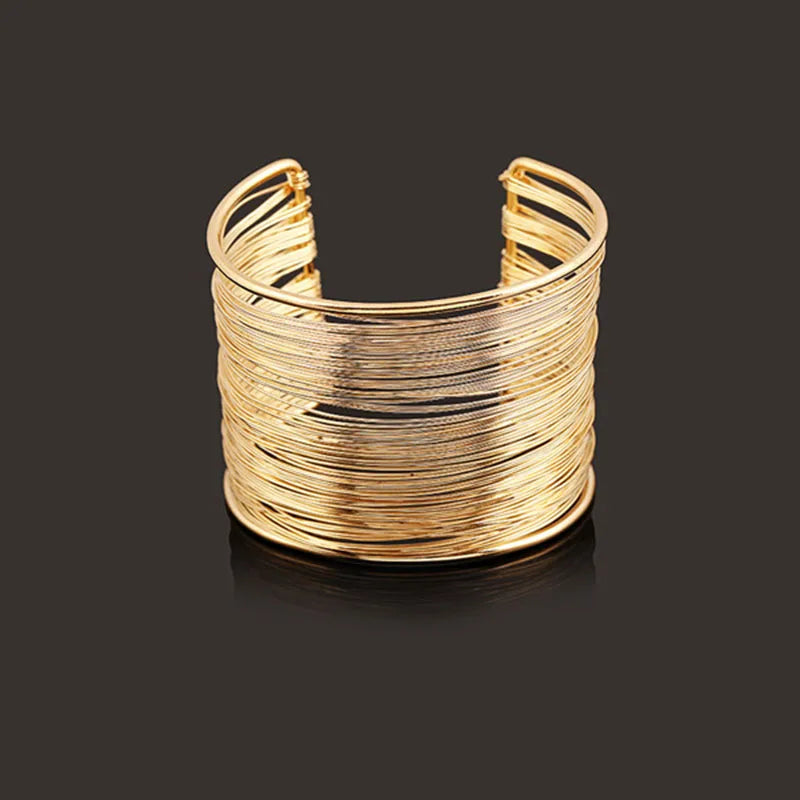 Punk Multilayer Metal Wires Strings Bracelets Bangles For Women Vintage Exaggerated Gold Color Wide Open Cuff Bangles Jewelry