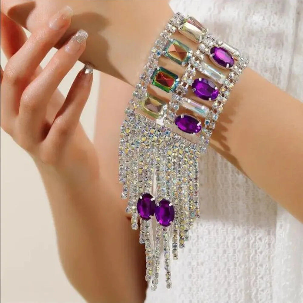 Luxury Rhinestone Crystal Purple Oval Pendant Long Fringed Hand Bracelet Wristband Hand Chain Bangle Wedding Jewelry For Women