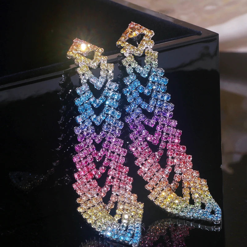 Luxury Shiny Rhinestone Long Tassel Earrings for Women Bijoux Geometric Crystal Dangle Earrings Statement Wedding Bride Jewelry