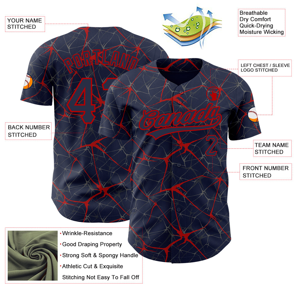 Custom Navy Red 3D Pattern Design Abstract Network Authentic Baseball Jersey