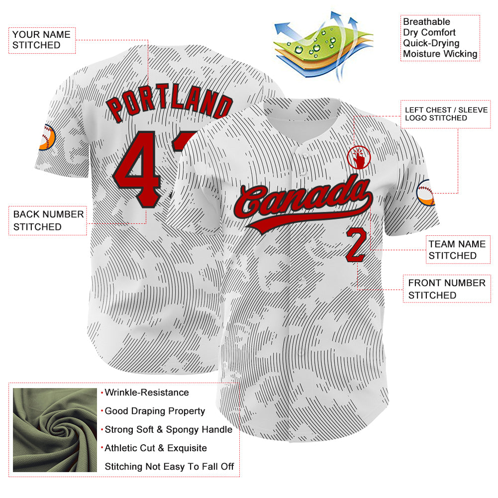 Custom White Red-Black 3D Pattern Design Curve Lines Authentic Baseball Jersey