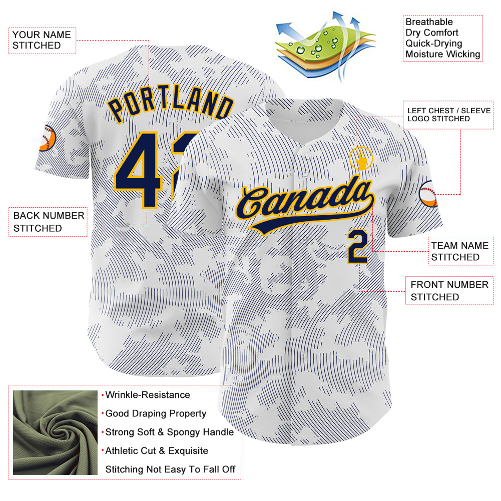 Custom White Navy-Gold 3D Pattern Design Curve Lines Authentic Baseball Jersey