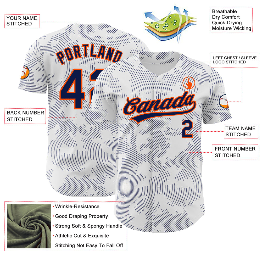 Custom White Navy-Orange 3D Pattern Design Curve Lines Authentic Baseball Jersey