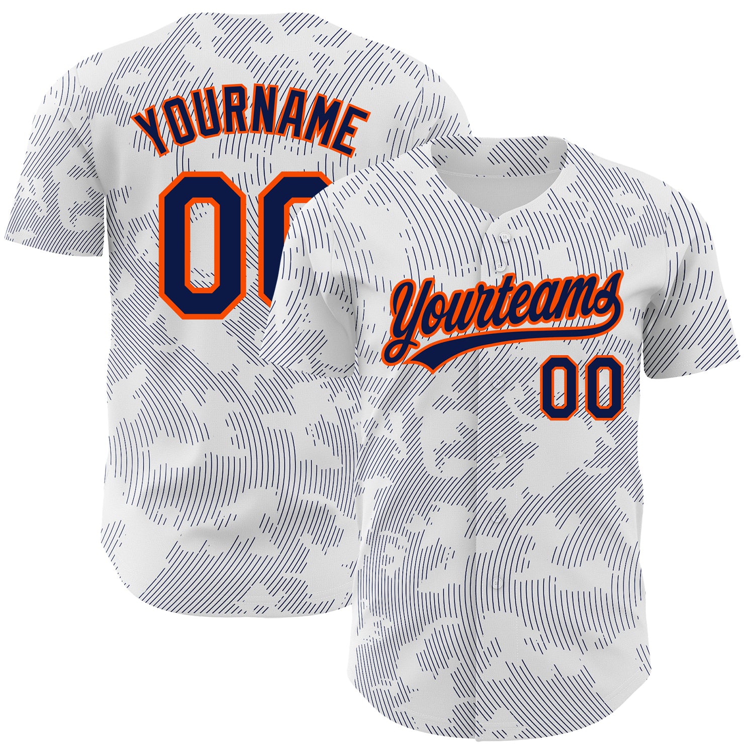 Custom White Navy-Orange 3D Pattern Design Curve Lines Authentic Baseball Jersey