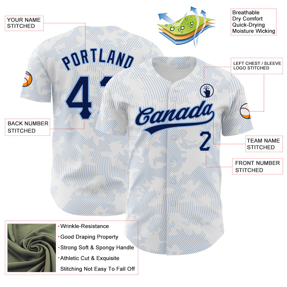 Custom White Navy-Light Blue 3D Pattern Design Curve Lines Authentic Baseball Jersey