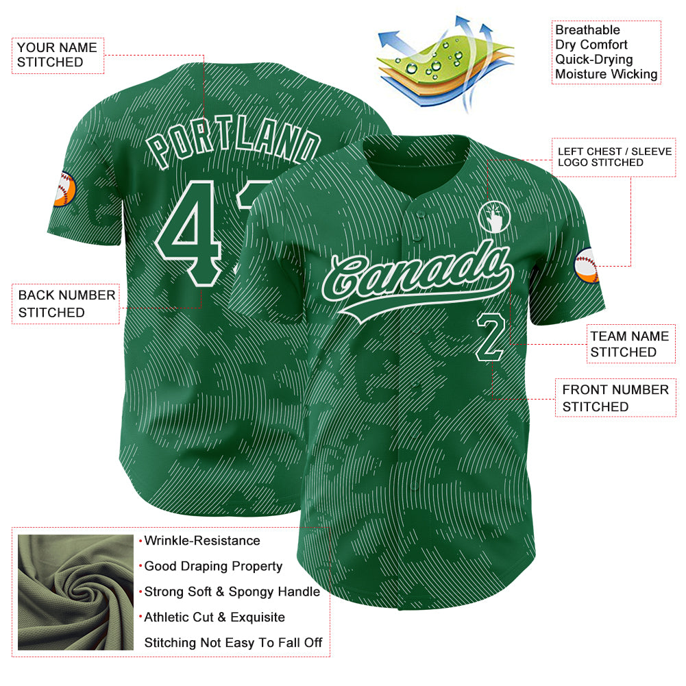 Custom Kelly Green White 3D Pattern Design Curve Lines Authentic Baseball Jersey