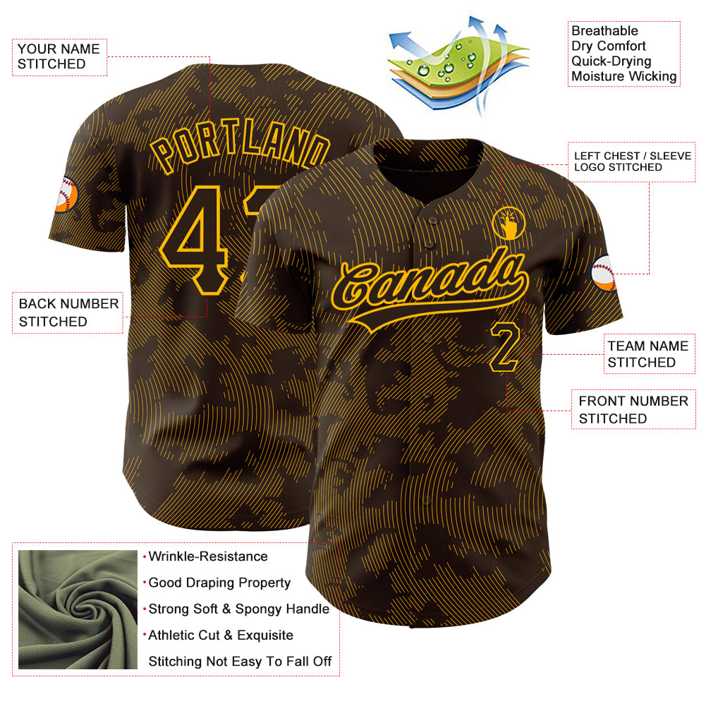 Custom Brown Gold 3D Pattern Design Curve Lines Authentic Baseball Jersey