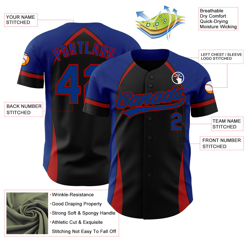 Custom Black Royal-Red 3D Pattern Design Curve Solid Authentic Baseball Jersey