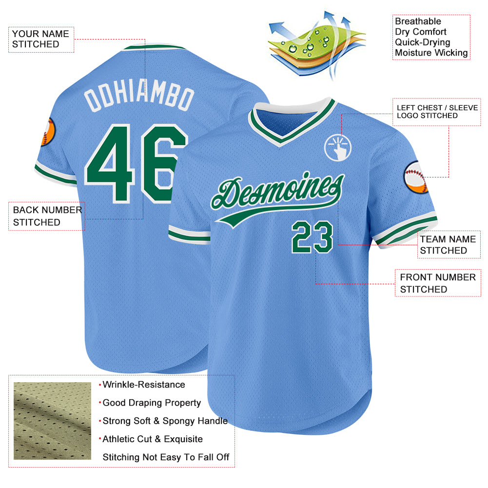 Custom Light Blue Kelly Green-White Authentic Throwback Baseball Jersey