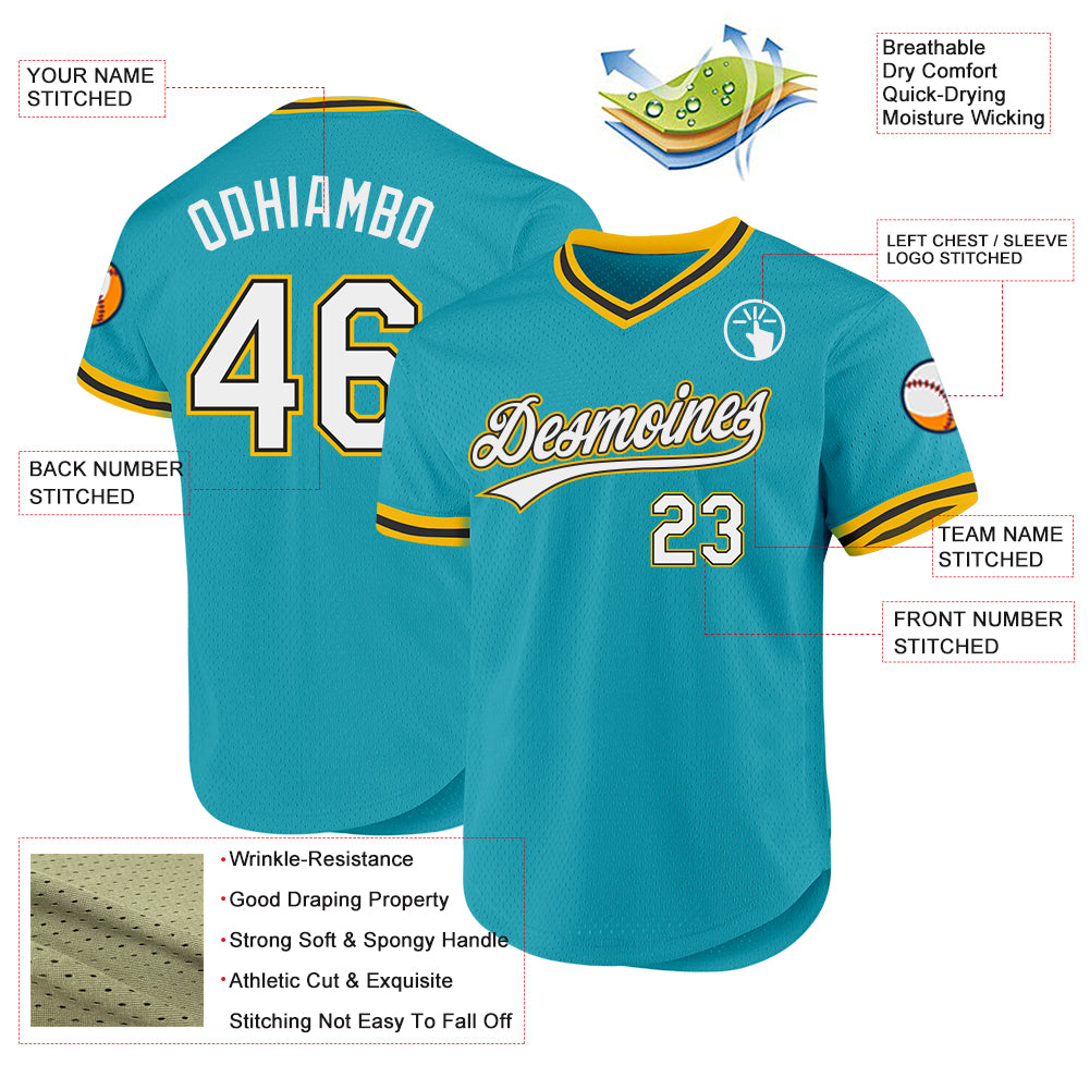 Custom Teal Black-Gold Authentic Throwback Baseball Jersey