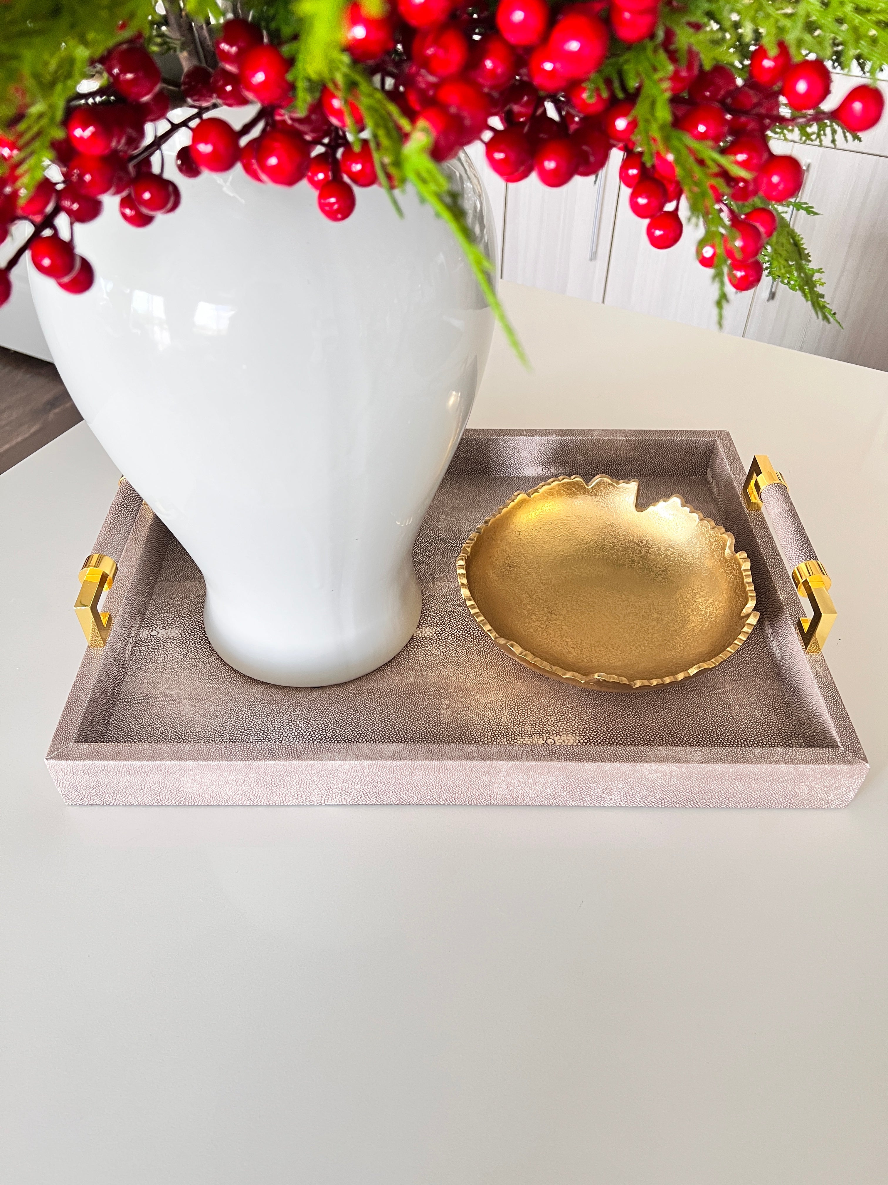Brown Leather Tray with Gold Handles