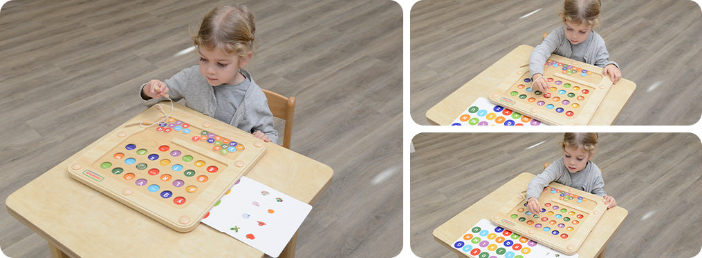 This alphabet learning board encourages learning of uppercase and lowercase alphabets.