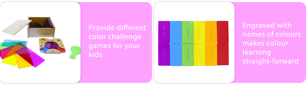 Provide different color challenge games for your kids.    Engraved with names of colours  makes colour learning straight-forward.