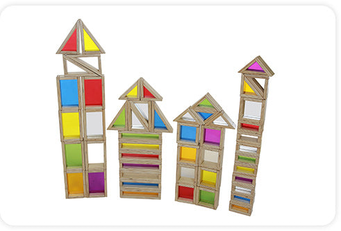 A set of 51 solid wooden blocks featuring colourful acrylic centres, mirror centers and hollow centers