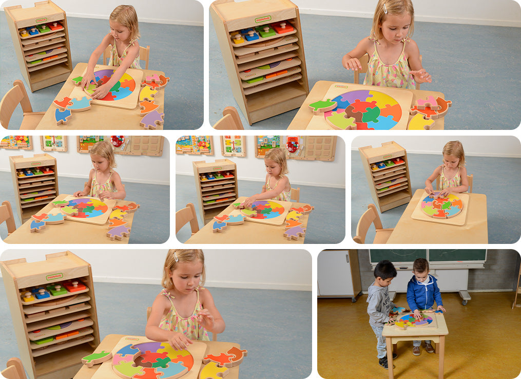 A giant jigsaw to help children develop fine motor skills, logical thinking, shape and colour recognition. The large wooden pieces can either be assembled onto the colour-guided tray or completed free hand. Made from Russian Birch plywood and European Beech wood (FSC).