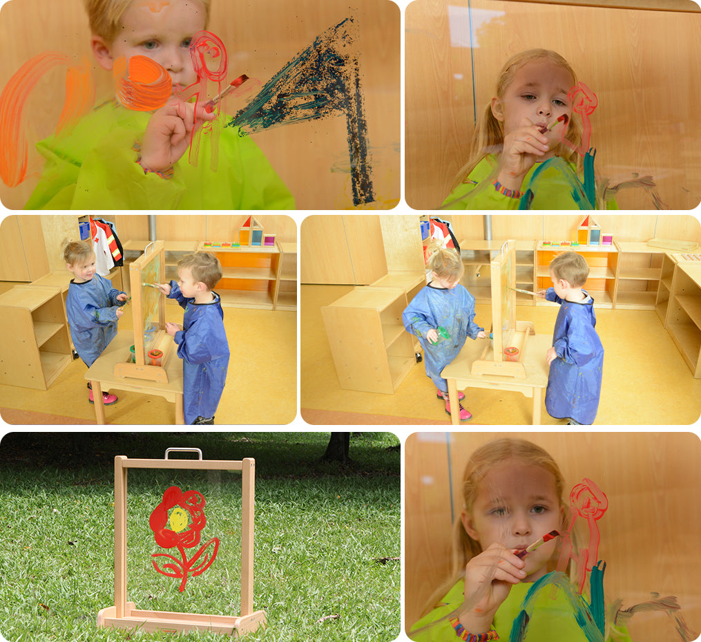 A easy-to-carry sturdy desktop painting window made of Eropean beech wood. Trays on 2 sides can hold most colour cups.