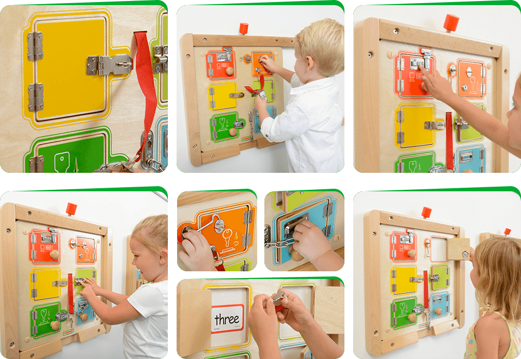 Children can play a memory game to find a picture whilst learning to open the various catches and locks.