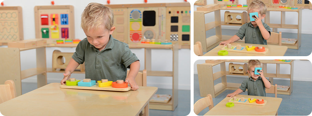 The four geometric shapes will only fit the one of the colour coded pegs.