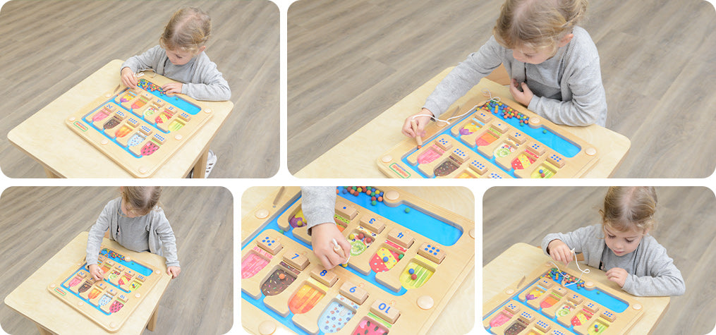 Adults can place the 10 wooden tiles randomly which will determine the number of beads should be placed in the corresponding popsicle.