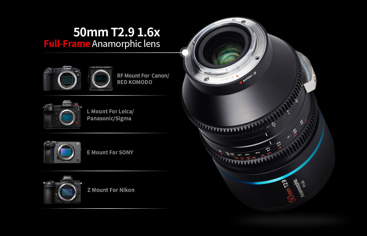 Obiettivo Cinematografico Anamorfico SIRUI 50mm T2.9 1.6x Full Frame – Rapporto 2.8:1, Bokeh Ovale E Bagliori Blu, Montatura E/RF/L/Z