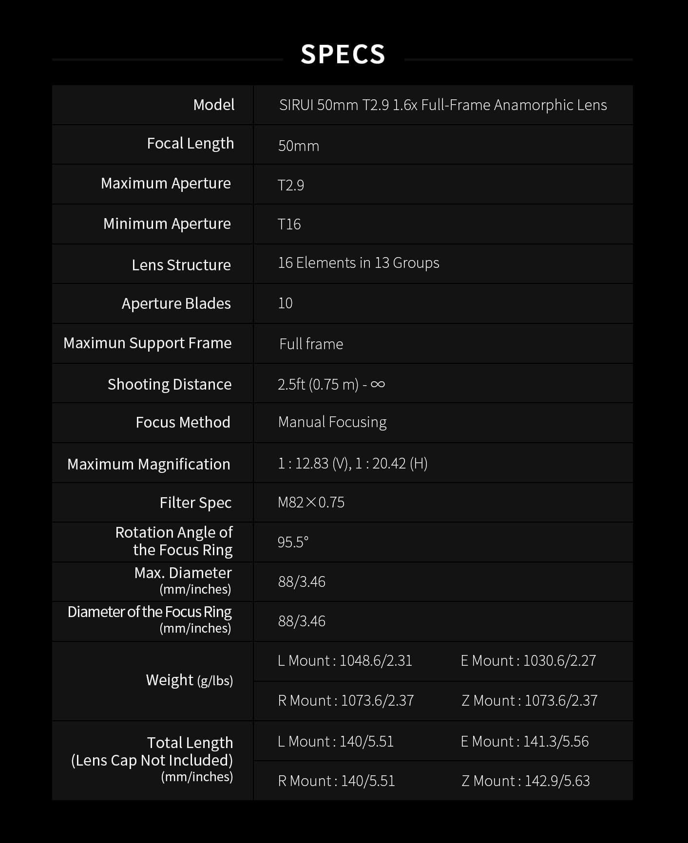 50mm T2.9 1.6x Full-Frame Anamorphic Lens