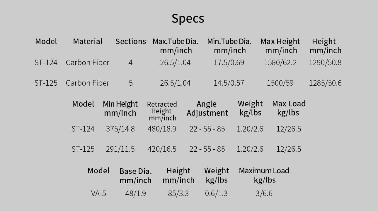 SIRUI Standard Series Carbon Fiber Tripod Kit ST-124+VA-5 ST-125+VA-5