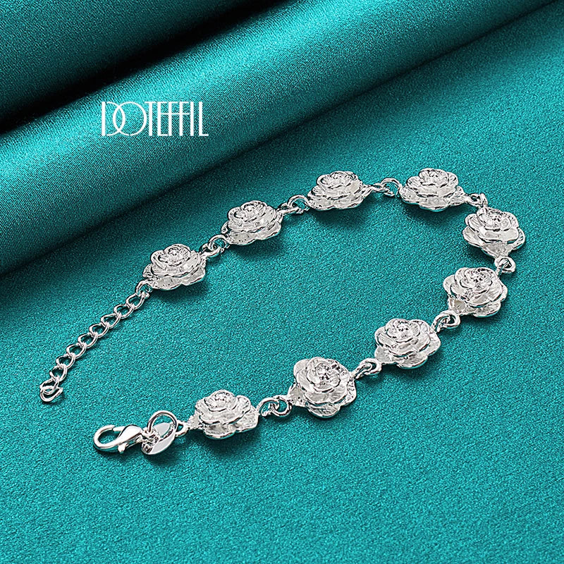 DOTEFFIL 925 Sterling Silver Full Rose Flower Chain Bracelet For Women Wedding Engagement Party Fashion Charm Jewelry