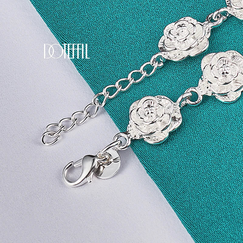 DOTEFFIL 925 Sterling Silver Full Rose Flower Chain Bracelet For Women Wedding Engagement Party Fashion Charm Jewelry