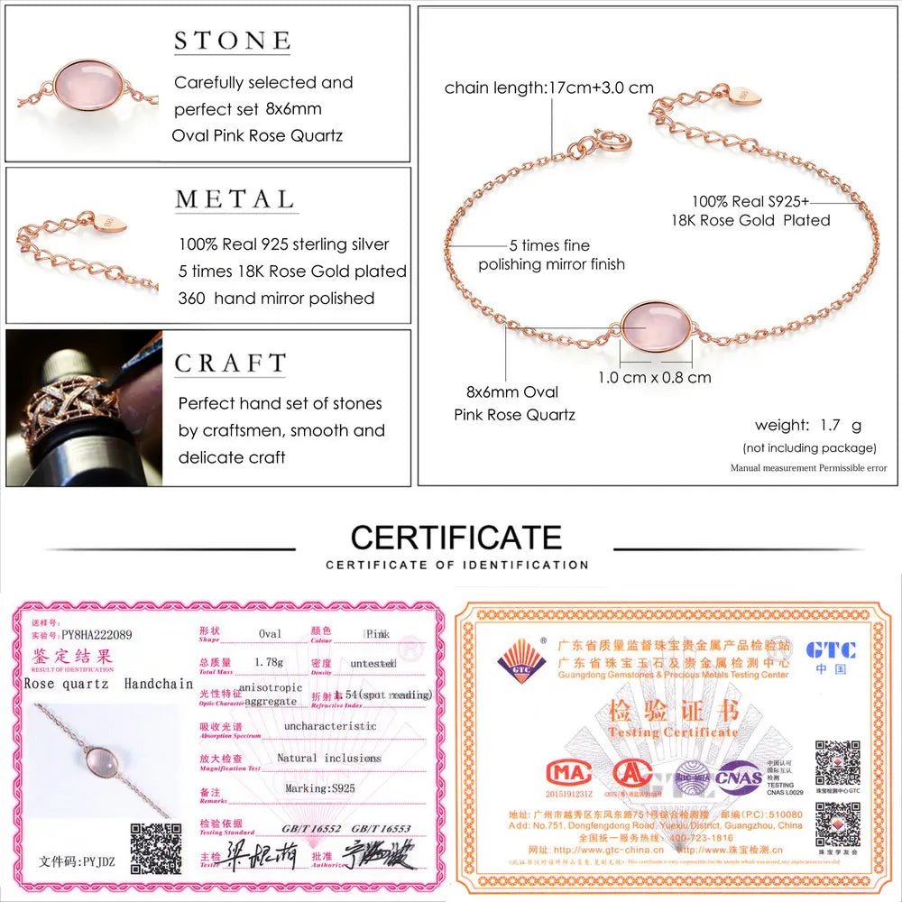 LAMOON Rose Quartz Bracelet For Women Gemstone 925 Silver Bracelet 18K Rose Gold Plated Fine Jewelry Simple Style LMHI023