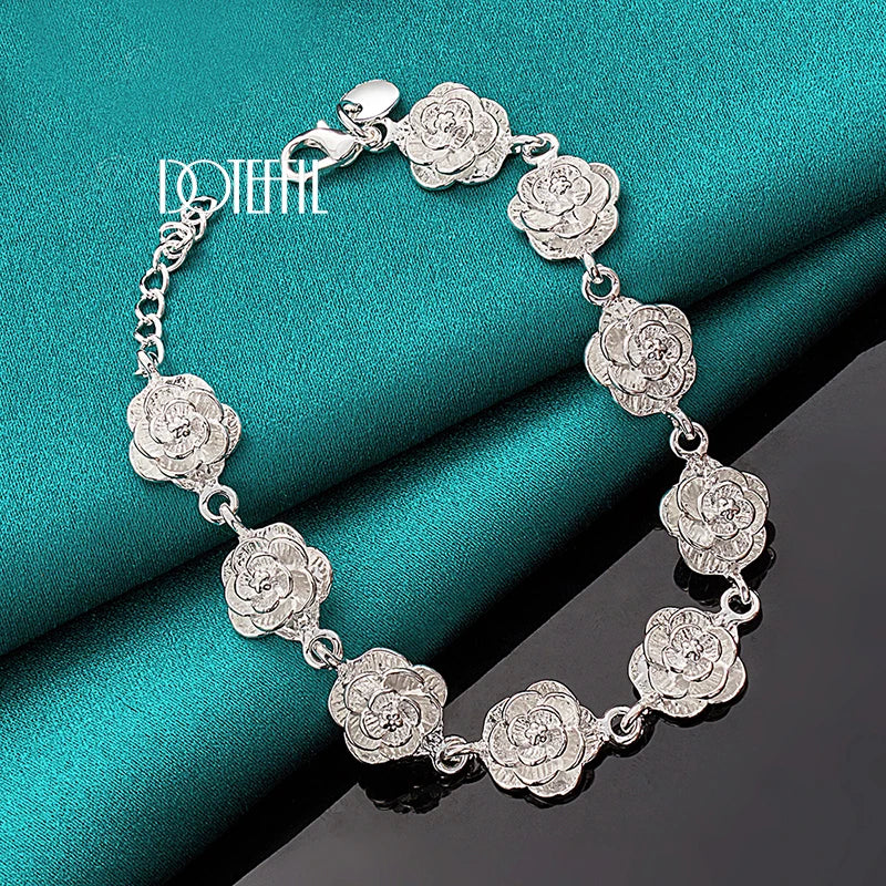 DOTEFFIL 925 Sterling Silver Full Rose Flower Chain Bracelet For Women Wedding Engagement Party Fashion Charm Jewelry