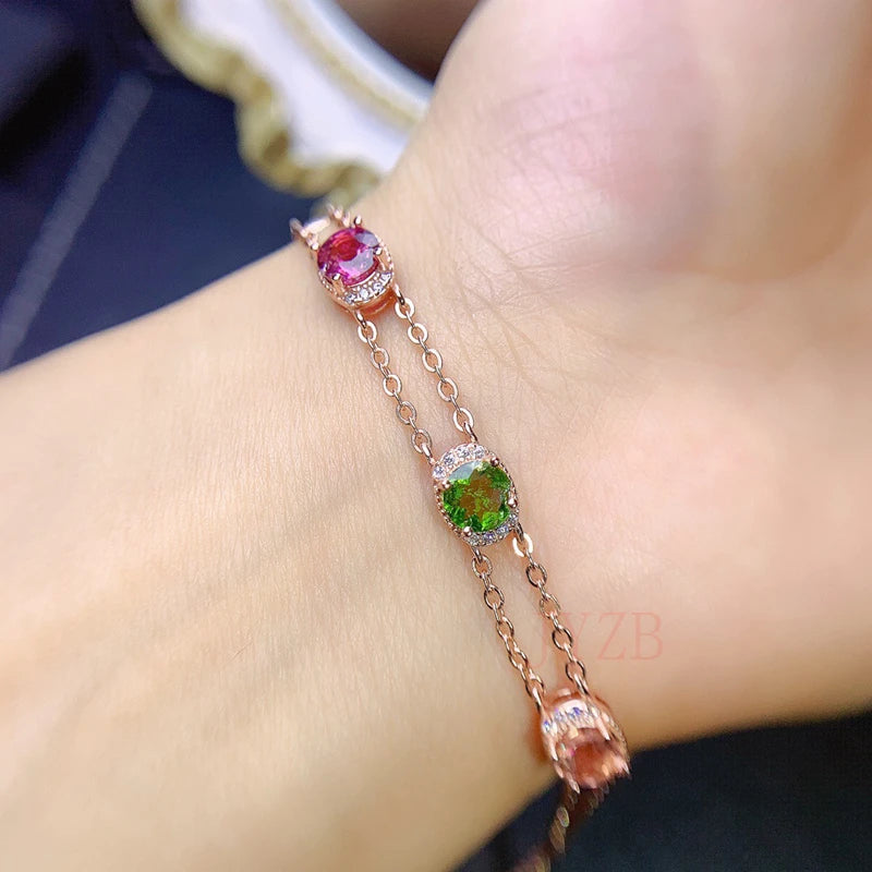 S 925 Sterling silver Natural Color Tourmaline Bracelet Natural Gem Bracelet Elegant round Ladies Party Gift Fine Jewelry