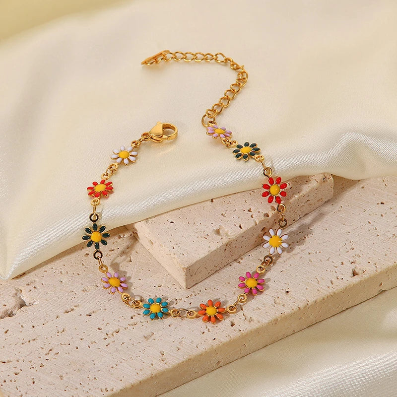 HIYEE Charm 18k Gold Plated Stainless Steel Choker Necklace Set Women Colorful Daisy Chain Bracelet bijoux acier inoxidable