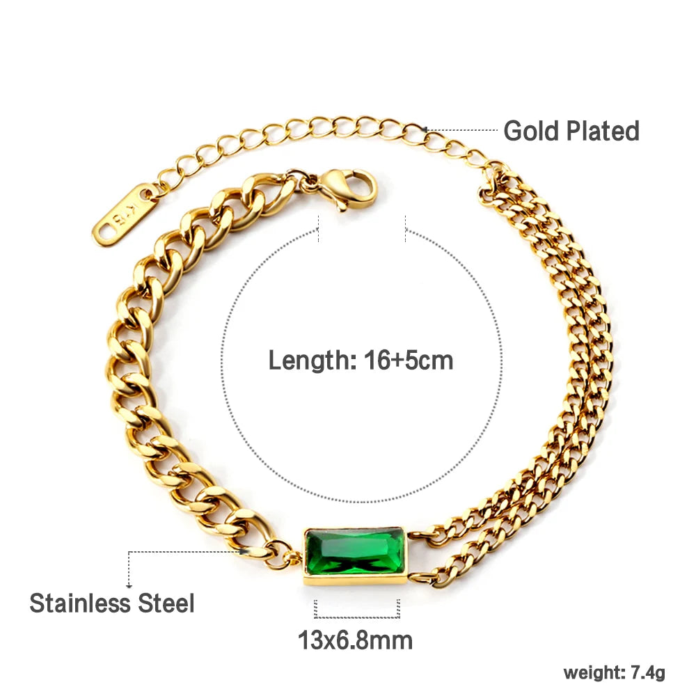 LUXUSTEEL Minimalist Green Cubic Zirconia Square Charm Bracelets for Women 18K Gold Plated Stainless Steel Waterproof Jewelry