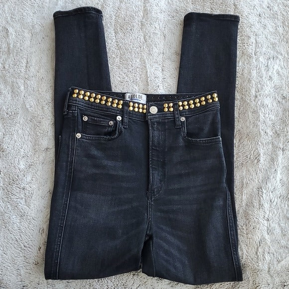 Agolde Black Gold Studed Waist Band High Rise Skinny Jeans Size 27