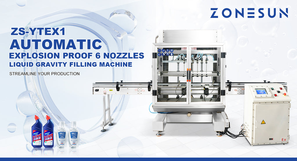 Streamline Your Production with ZONESUN ZS-YTEX1 Automatic Explosion Proof 6 Nozzles Liquid Gravity Filling Machine