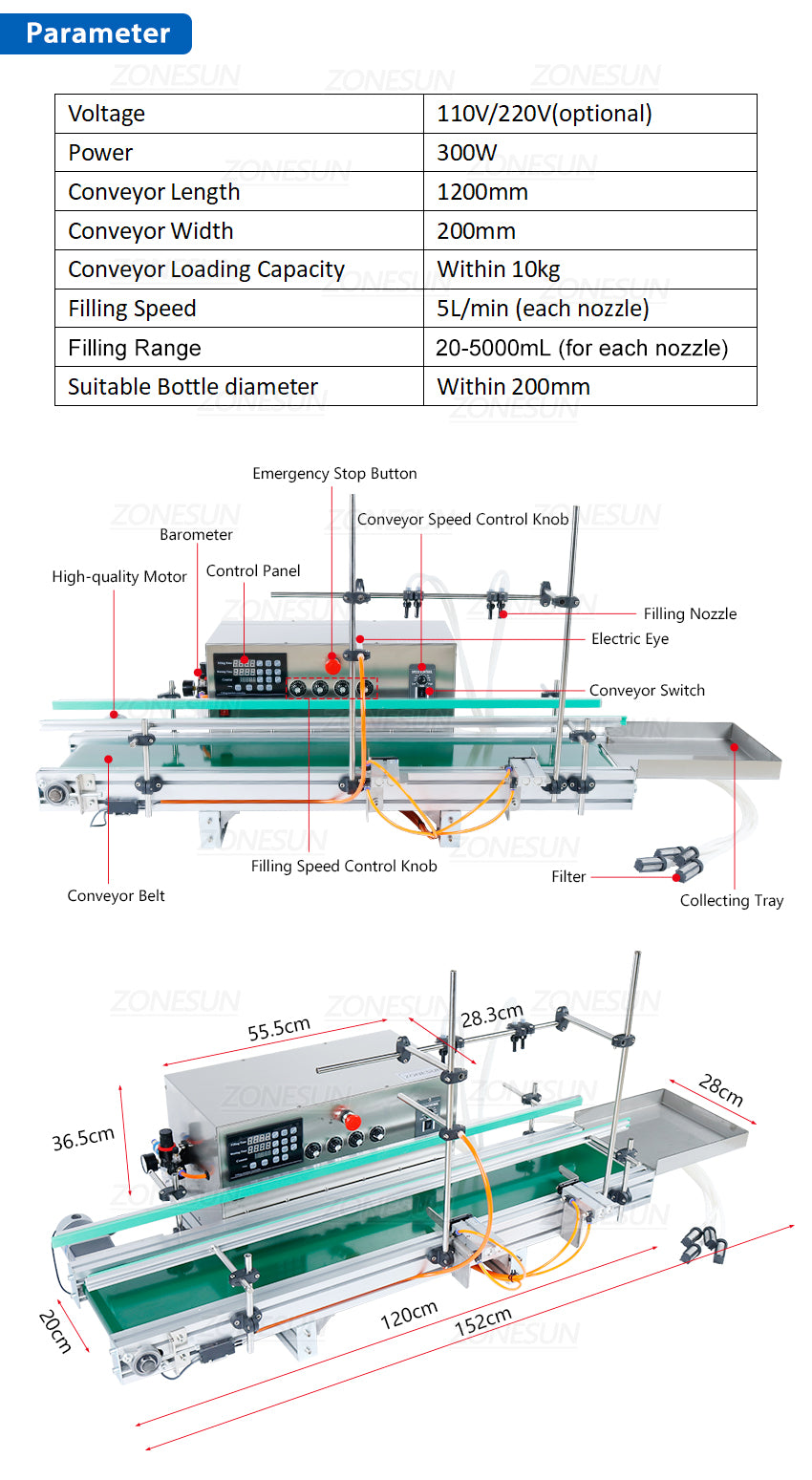 ZONESUN ZS-DTDP5-4 Máquina de enchimento de líquidos com bomba de diafragma de grande fluxo de carregamento pesado 