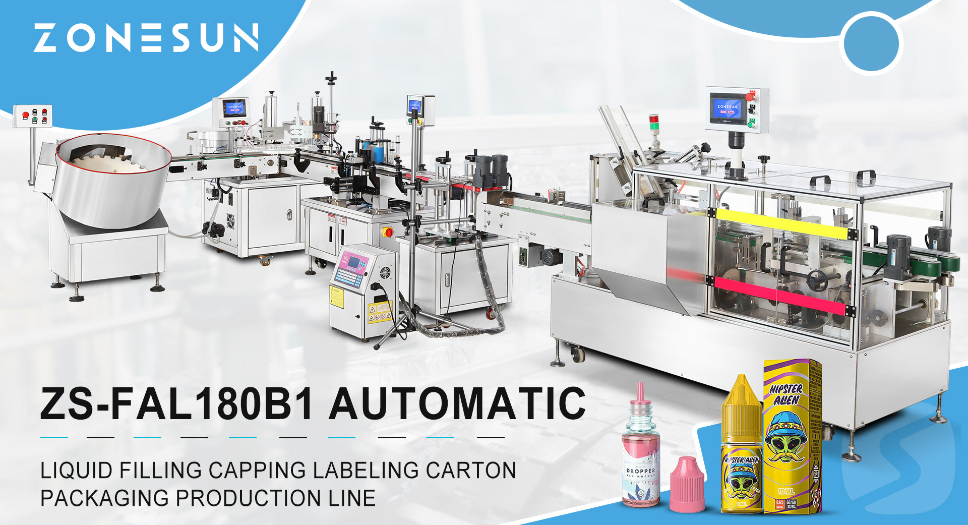Introducing the ZONESUN ZS-FAL180B1 Automatic Liquid Filling Capping Labeling Carton Packaging Production Line