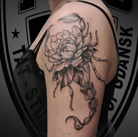 rose flower and scorpion arm tattoo design