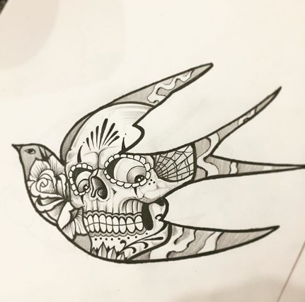 skull face swallow tattoo double exposure